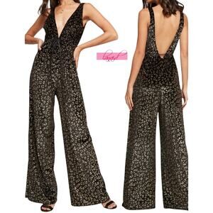 Show Me Your Mumu Black Velvet Leona Jumpsuit Gold Cheetah Print M